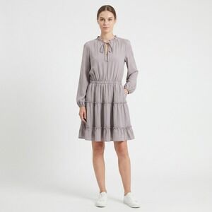 BTFBM Womens Mini Dress Small Mauve Ruffle Tie Neck Tiered Long Sleeve Boho
